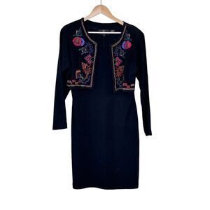 Vintage Carole Little Boho Embroidered Wool Sweater Dress Jacket Set Size M